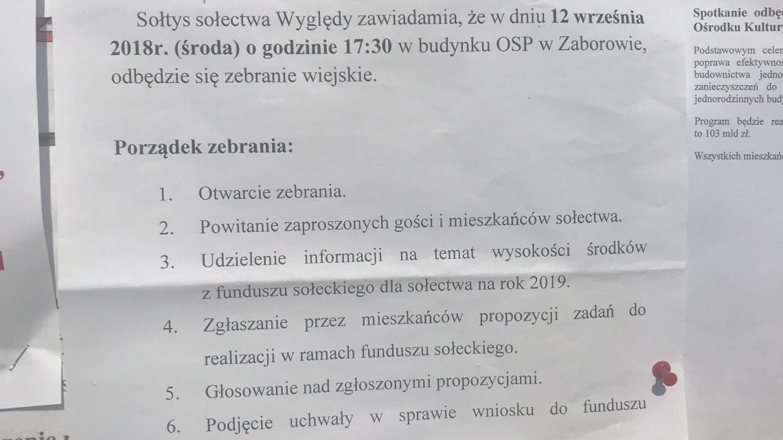 Spotkanie wiejskie 12 września 2018 godz. 17.30