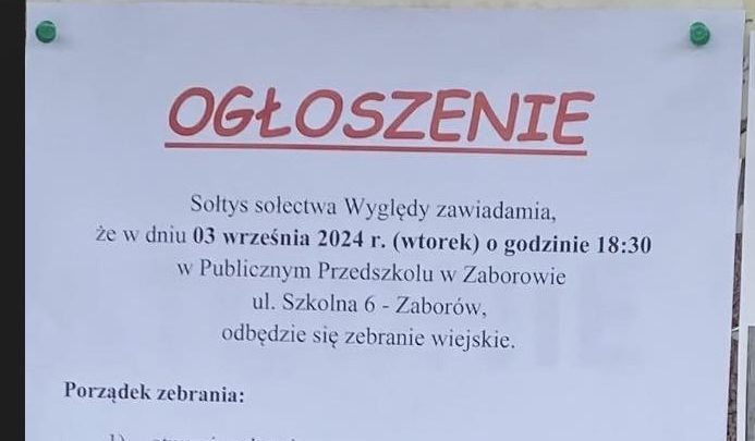 Zebranie wiejskie 3 września 2024 g. 18.30. Tematy i prośba o głosy na propozycje wydatków.