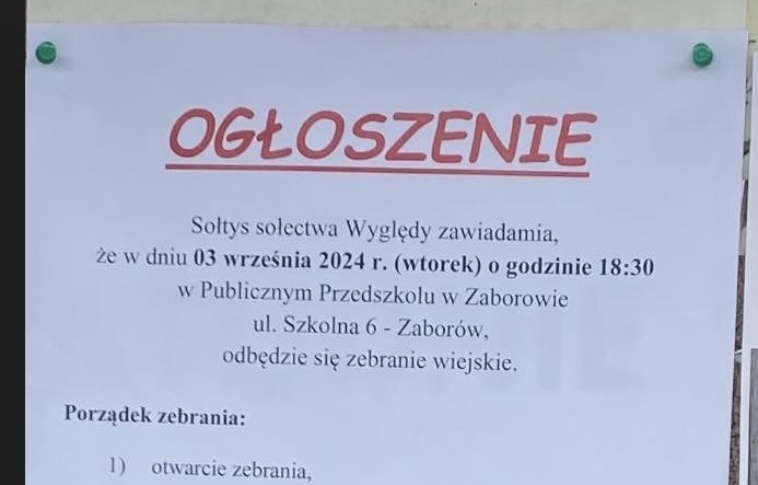 Zebranie wiejskie 3 września 2024 g. 18.30. Tematy i prośba o głosy na propozycje wydatków.